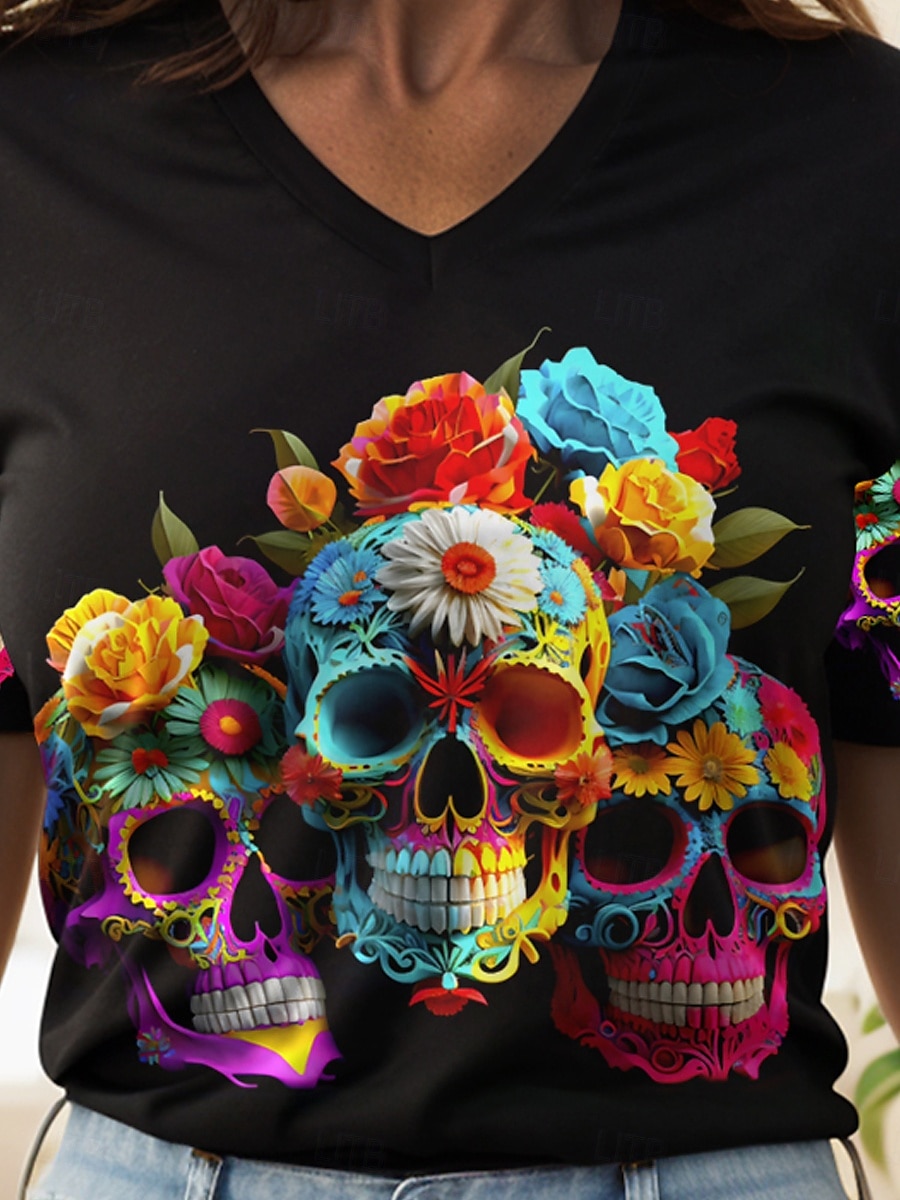 Halloween Femmes T-shirt Fleuri Graphique Crâne ancien Élégant Classique Manche Courte Col en V Hauts Réguliers Quotidien Imprimé Noir Orange Gris Été Printemps de 2025 ? $19.99 –P3