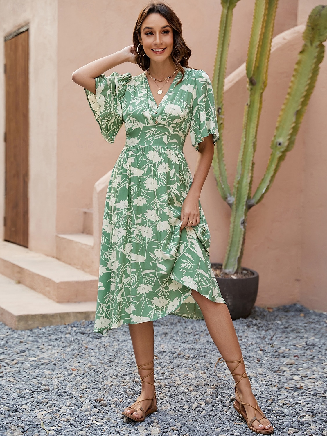 Damen Midikleid Sommerkleid A Linie Kleid Urlaub Party Lässig Schmetterling Party Ausgehen Strand Standard Passform Blumen Grafik Kurzarm V Ausschnitt Grün Sommer Frühling Herbst 2025 - $32.99 –P1