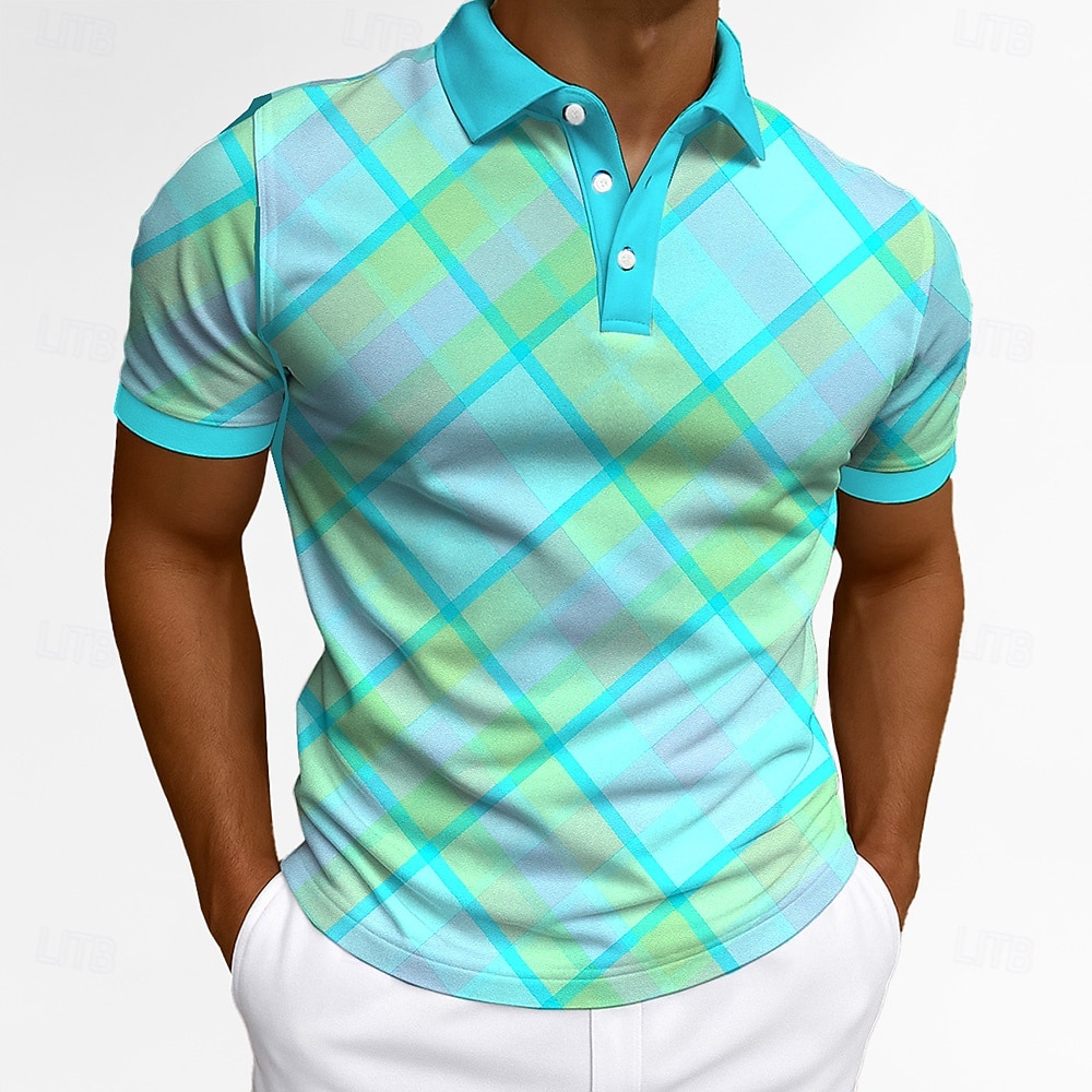 Homens Pólo O negócio Casual Aberto para a Lateral Manga Curta Moda Lazer Geométrica Xadrez Botões Verão Azul Laranja Pólo de 2025 por $20.99 –P4