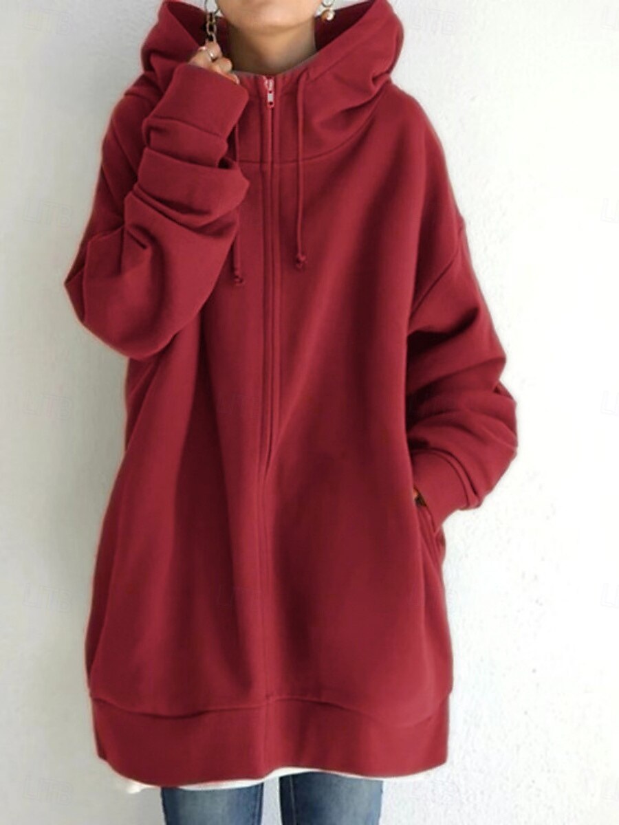 Women's Casual Jacket Hoodie Jacket Comfortable Breathable Zipper Pocket Casual Plain Street Casual Daily Wear Zipper Long Hooded Regular Fit Long Sleeve Outerwear Black Red Khaki Spring Fall 2025 - $22.99 –P6