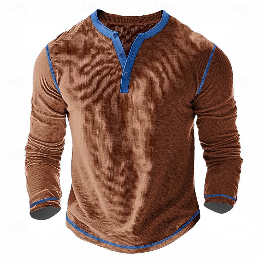 Men's T Shirt Henley Shirt Waffle Knit Tee Tee Top Long Sleeve Shirt Long Sleeve Color Block Solid Fashion Designer Basic Patchwork Henley Vacation Street Casual Spring & Fall Dark Gray Black White 2025 - $20.99 –P8