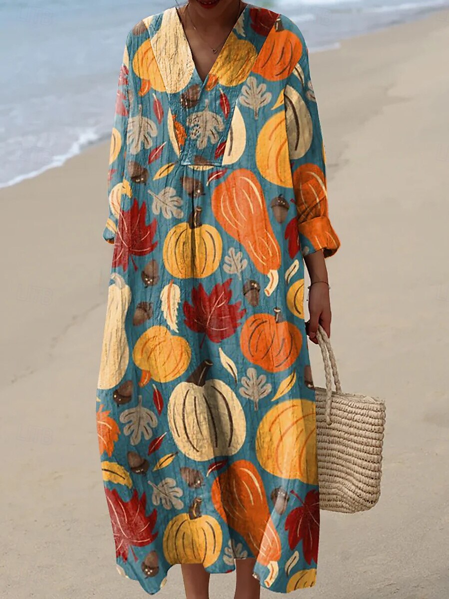 Vestito lungo da donna per Halloween, estivo, a trapezio, per vacanze, casual, stile boho, per uscire, in spiaggia, floreale, grafico, manica lunga, scollo a V, rosa, blu, bianco sporco, estate, del 2025 a $33.99 –P1