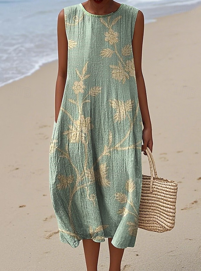 Damen Midi Kleid Leinenähnliches Sommerkleid Shift Kleid A-Linien Kleid Urlaub Freizeit Boho Party Ausgehen Strand Lockerer Schnitt Floral Grafisch Ärmellos Rundhalsausschnitt Hellgelb Tiefgrün Grau 2026 - $39.99 –P1