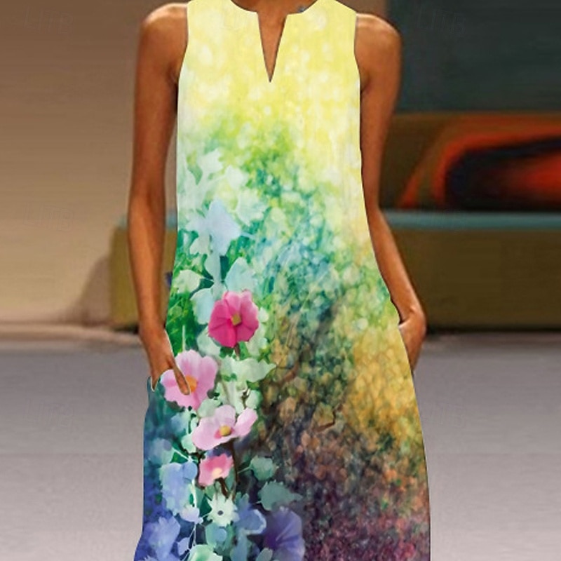 Pentru femei Rochie Lunga Rochie Maxi Rochie casual Rochie de vară Modă Clasic Modern În aer liber Vacanță Concediu Fit regulat Floare Fără manșon În V Galben Toamnă 2025 - $21.99 –P2