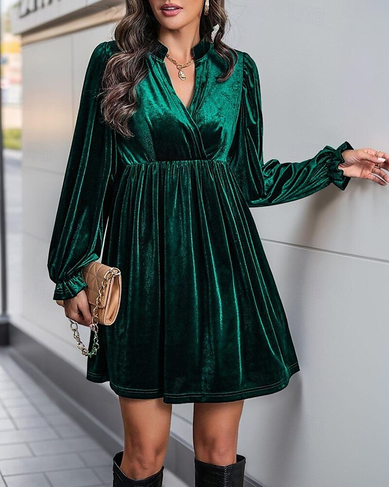 Damen Minikleid Samtkleid Freizeitkleid Mode Modern Täglich Date Wochenende Normale Passform Einfach Langarm V Ausschnitt Wein Marineblau Orange Grün Herbst Winter 2025 - $29.99 –P6