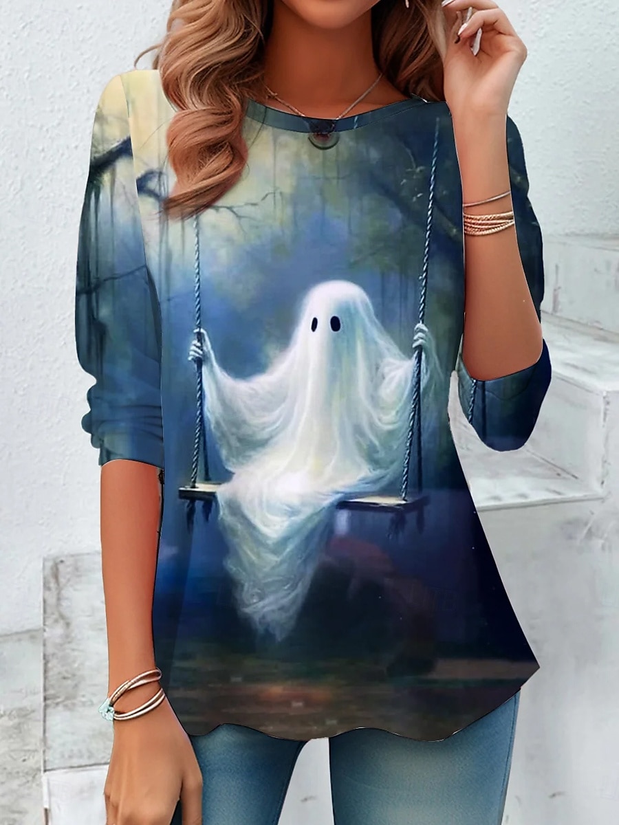 Halloween Γυναικείο T-shirt Μακρύ Μανίκι Crew Λαιμός Μακρύ Μανίκι Τουνίκ Γραφικό Φάντασμα Μάγισσα Vintage Στιλάτο Στρογγυλός Λαιμός Κανονικά Μπλουζάκια Καθημερινά Σαββατοκύριακο Εκτύπωση Μπλε Πράσινο 2025 - $10.99 –P1