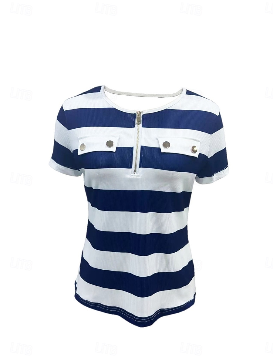 Damen T Shirt Reißverschluss Tasche Druck Gestreift Mode Stilvoll Modern Kurzarm V Ausschnitt Normale Oberteile Täglich Wochenende Blau Schwarz Wein Armeegrün Sommer 2026 - $28.99 –P5