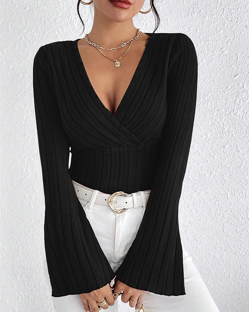 Per donna Maglietta Semplice Moda Moderno Manica Lunga Scollo a V Top Regolari Quotidiano Tunica Nero Vino Estate del 2025 a $18.99 –P5