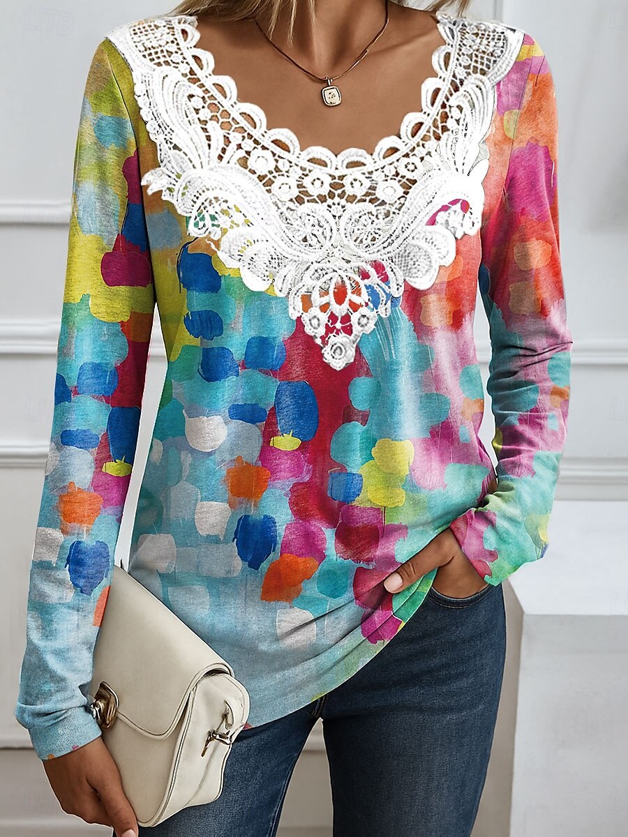 Ostern Damen Bluse Blumen Grafik Pflanzen Elegant Mode Langarm V Ausschnitt Rundhals Normale Oberteile Täglich Ausgehen Wochenende Spitze Patchwork Druck Weiß Gelb Rosa Blau Sommer Frühling Herbst 2025 - $24.99 –P2