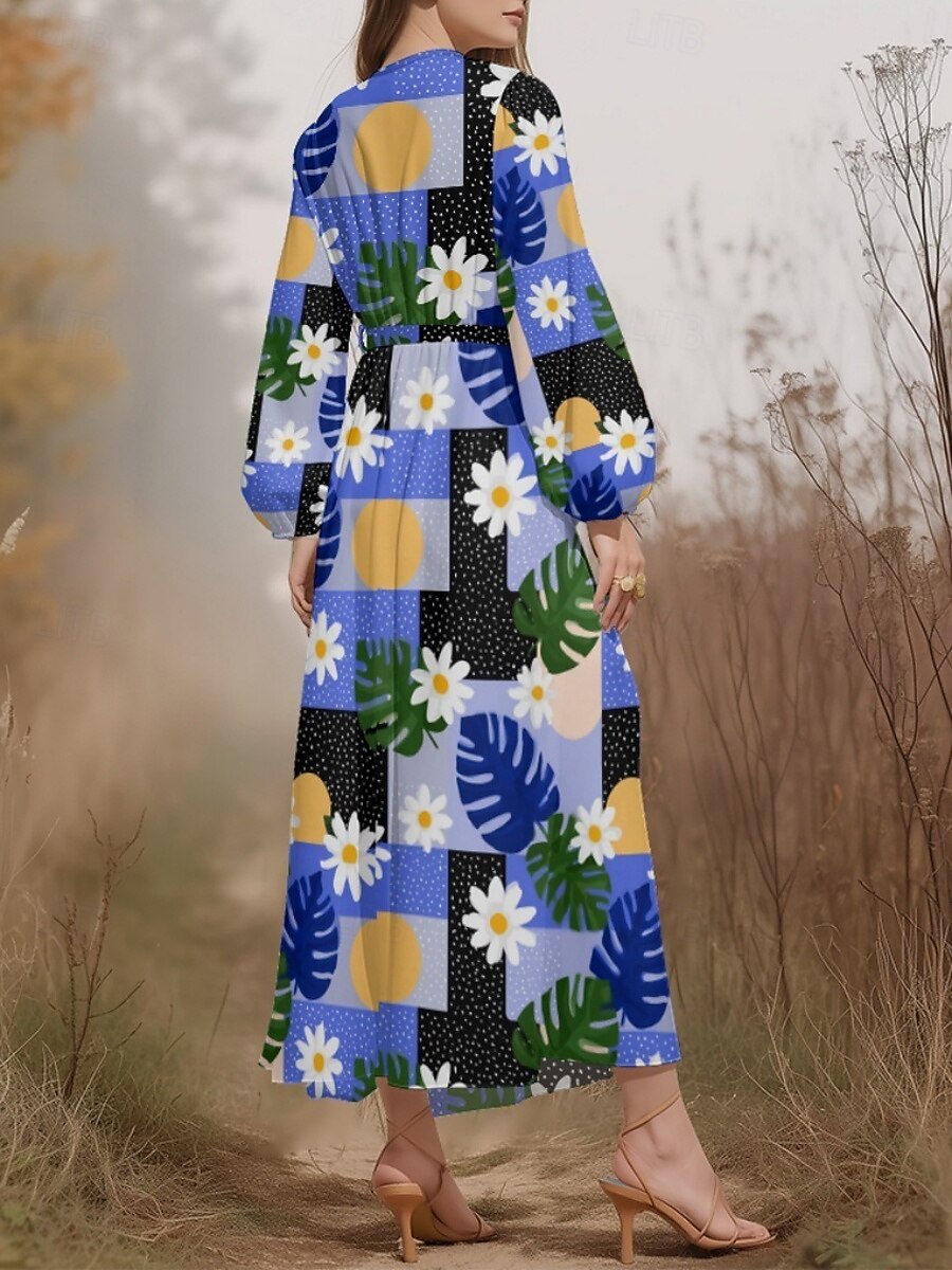 Women's Midi Dress Casual Dress Chiffon Swing Dress Modern Vacation Daily Weekend Regular Fit Floral Plaid Long Sleeve V Neck Yellow Blue Purple Orange Summer Spring Fall Autumn 2025 - $31.99 –P5