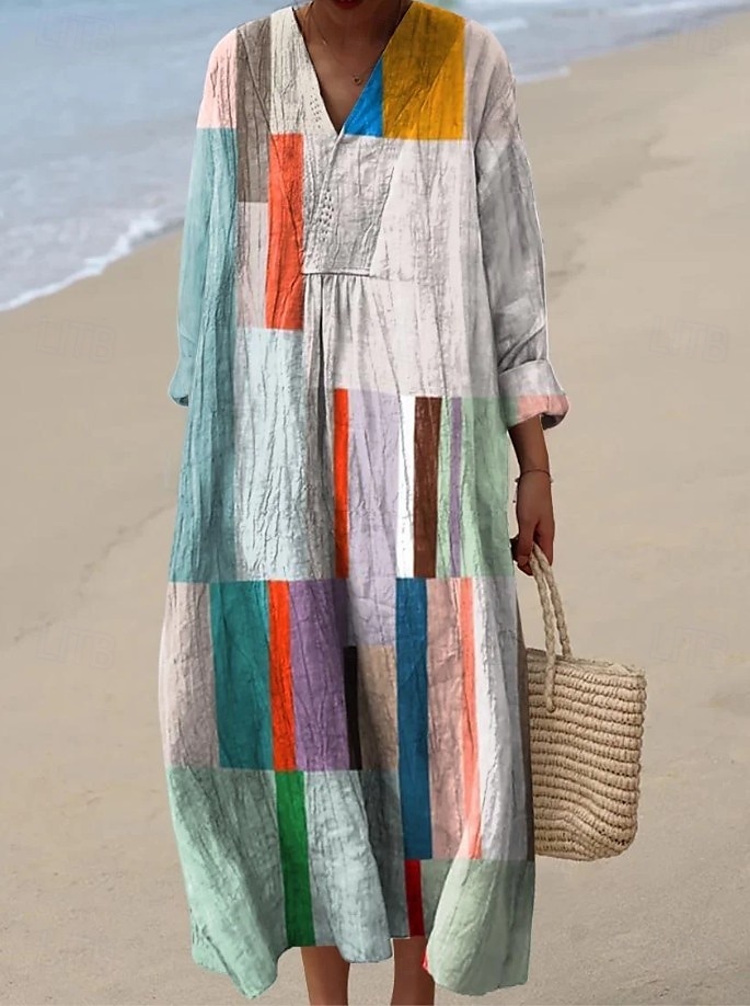 Per donna Abito Midi Vestito Estivo Abito a trapezio Vacanza Casual Boho Uscire Spiaggia Grafico Geometrico A righe Manica Lunga Scollo a V Nero Giallo Rosa Rosso Estate Primavera Autunno del 2025 a $35.99 –P3
