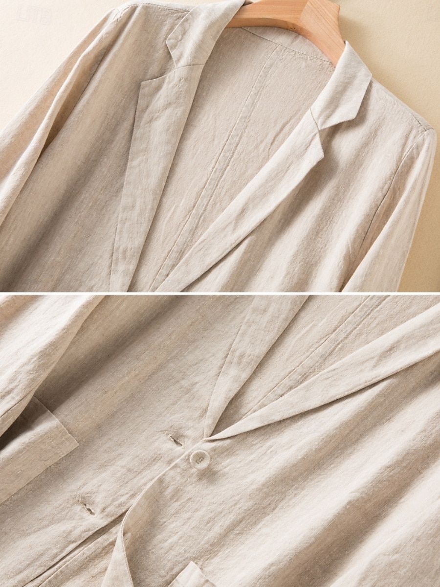Damen-Blazer aus Baumwollleinen, bequem, atmungsaktiv, Tasche, lässig, einfarbig, fürs Büro, Straße, lässig, Alltagskleidung, einreihig, normal, Umlegekragen, normale Passform, langärmelig, Oberbekleidung, weiß, grün, beige, Sommer 2025 - $31.99 –P12