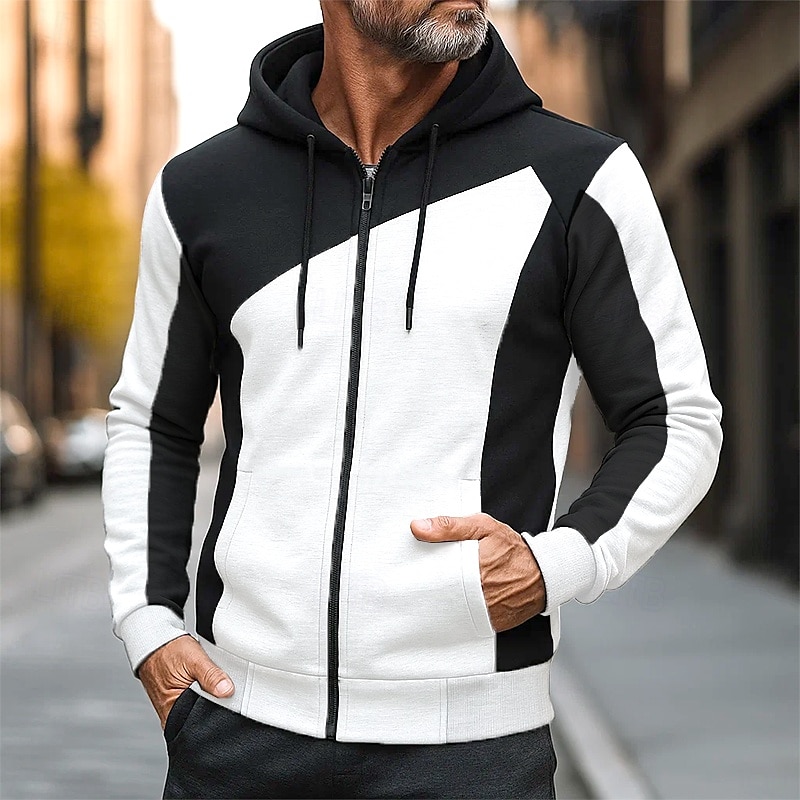 Per uomo Felpa con cappuccio Felpa con cappuccio a zip intera Felpa con cappuccio in pile Nero Bianco Rosso Borgogna Blu Con Cappuccio Semplice Patchwork Blocco di colore Sport & Outdoor Casuale del 2026 a $18.49 –P1