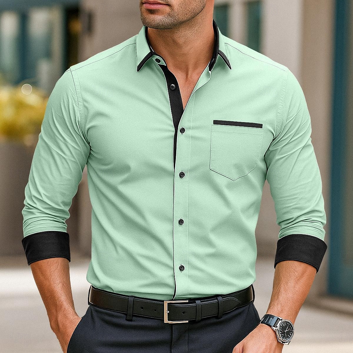 Men's Shirt Dress Shirt Button Down Shirt Non Iron Shirt Button Up Shirt Color Block Wedding Daily Light Blue Black White Light Green Long Sleeve Collar Spring &  Fall All Seasons Clothing Apparel 2025 - $25.99 –P1