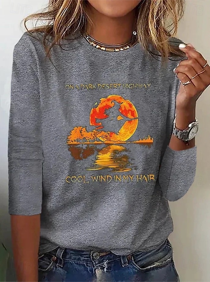 Halloween Damen T-Shirt Hexe Langarm Rundhals Langarm Tunika Ombre Grafik Stylisch Modern Casual Rundhals Regular Tops Täglich Druck Schwarz Rot Grau Herbst Vorherherbst 2025 - $22.99 –P3
