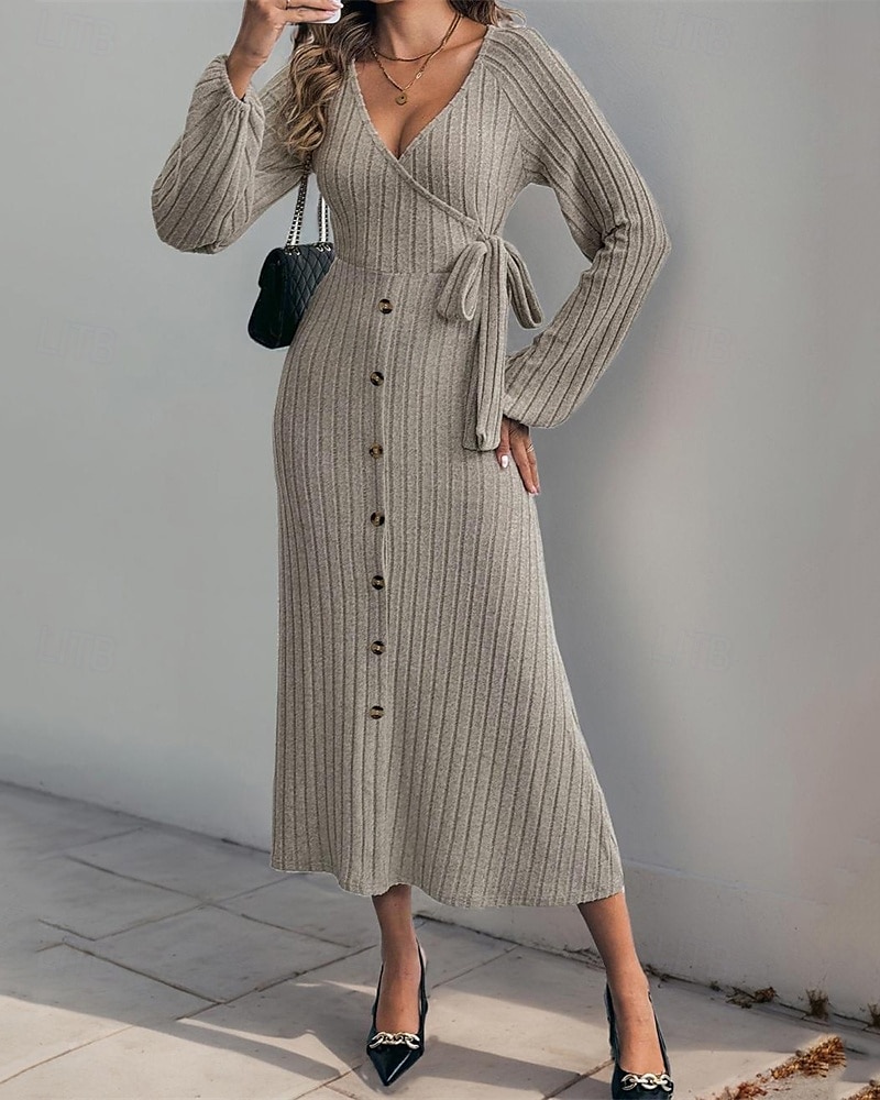 Femmes Robe Midi Robe Tricot Robe Décontractée Mode Moderne Quotidien Date Week-end Coupe régulière Uni manche longue Col en V Kaki Automne Hiver de 2025 ? $29.99 –P1