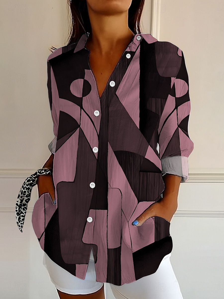 Damen Hemd Knopfverschluss Tunika Hemd Kragen Langarm Grafik Geometrisch Abstrakt Vintage Alltag Stilvoll Regular Tops Arbeit Alltag Feiertag s Print Schwarz und Weiß Pink Blau Lila Grün Frühling 2025 - $33.99 –P5