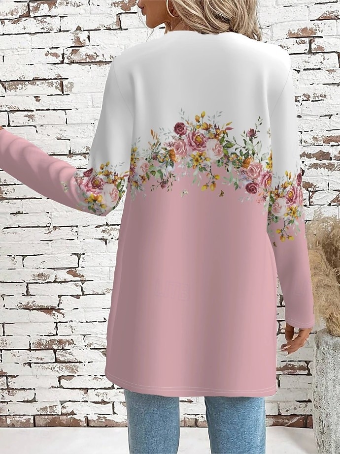 Dam Vardaglig jacka Bekväm Andningsfunktion Ficka Elegant Ledigt Blommig Ledigt Dagliga kläder Öppen front Lång Rund halsringning Normal Långärmad Ytterkläder Rodnande Rosa Blå Vår Höst 2025 - $27.99 –P6