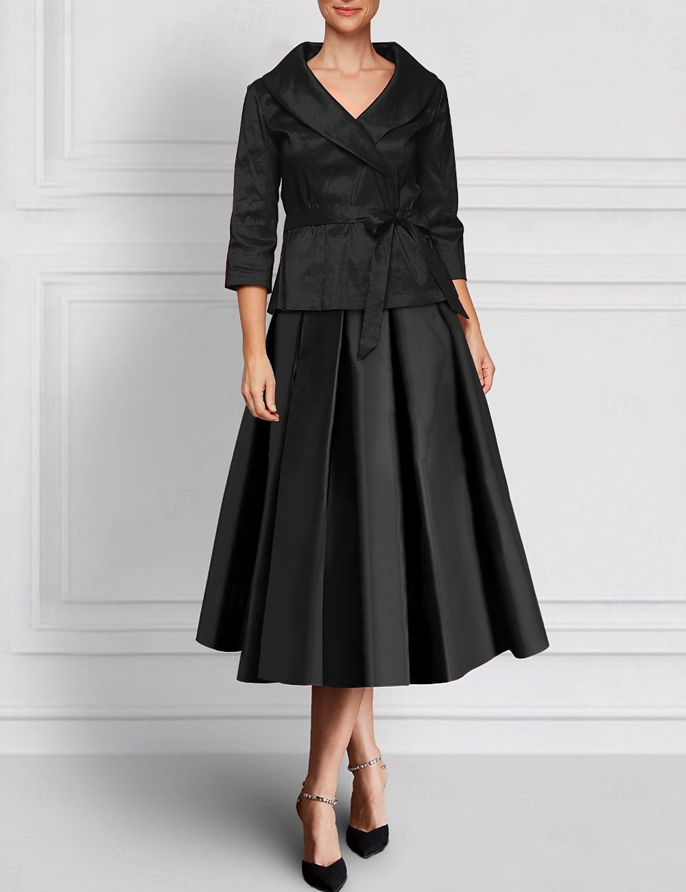 Ensemble de robes trapèze deux pièces, robe de mère de la mariée, élégante, revers, longueur au sol, longueur cheville, tissu extensible en satin, manches longues, bleu, noir, mariage d'automne 2025 de 2025 ? $139.99 –P4