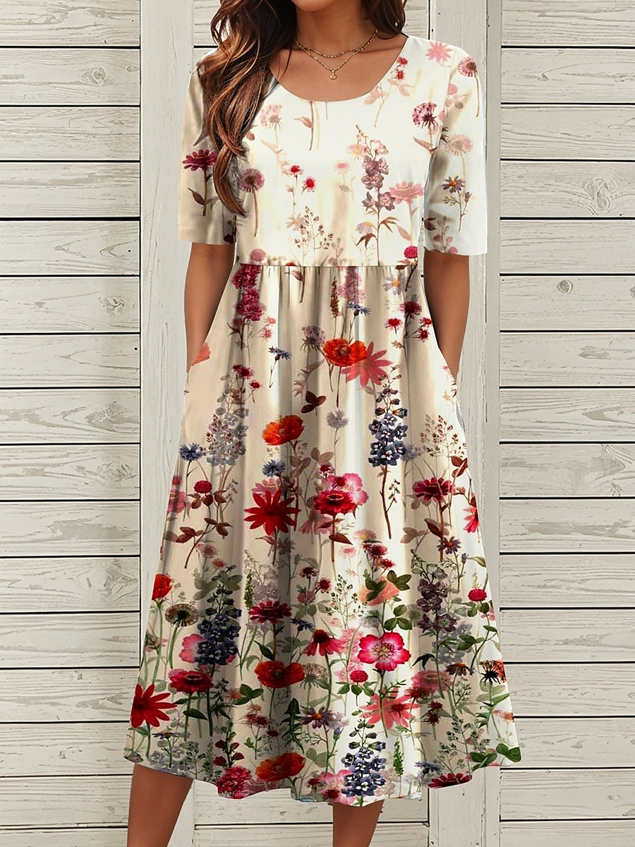 Dames Halflange jurk Zomerjurk Geplooide jurk Vakantie Casual Feestdagen Normale pasvorm Bloemig Grafisch Halve mouw Strakke ronde hals blauw Bruin Groen Zomer Lente 2025 - $31.99 –P3