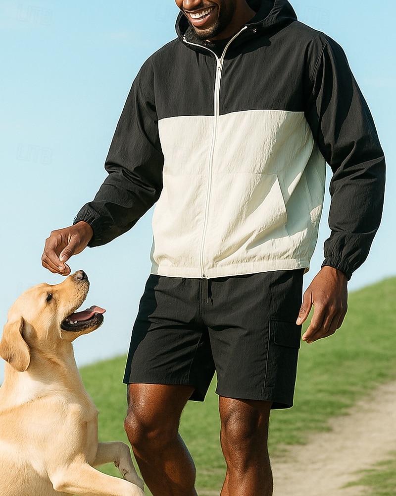 Herren Trainingsanzug Zip Up Sweatshirt Trainingshosen Mit Kapuze Reißverschlusstasche Farbblock Kombination Sommer Frühling Schwarz Rosa Angeln Wandern Outdoor Sonnenschutz Leicht Atmungsaktiv 2026 - $52.99 –P1