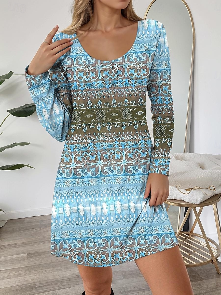 Női Mini ruha Pólóruha A vonalú ruha Alkalmi Napi Normál Grafika Mértani Hosszú ujj Terített nyak Arcpír rózsaszín Medence Bíbor Ősz Tél 2025 - $23.99 –P3