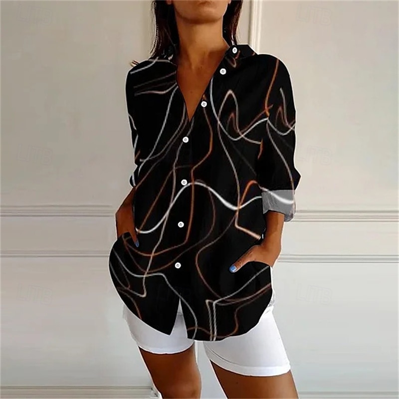 Femmes Chemise Imprimé ancien Élégant manche longue Col en V Hauts Réguliers Quotidien Fête Sortir Boutons Imprimé Noir Bleu Kaki Gris Été de 2025 ? $24.99 –P2