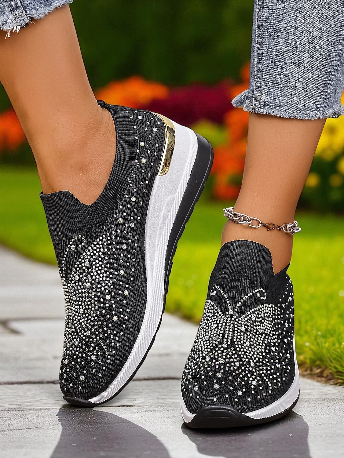 női strasszos flyknit bebújós tornacipők – csillogó éktalpú cipők fesztiválokra, utazásra és mindennapi divatra 2025 - $29.99 –P4