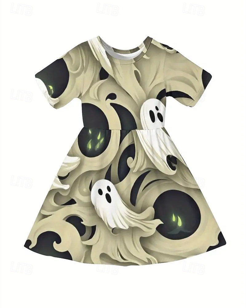 Halloween Girls' 3D Ghost Dress Short Sleeve Summer Spring Vacation Daily Holiday Princess Beautiful Sweet Kids 4-12 Years Casual Dress A Line Dress Knee-length Regular Fit 2025 - $15.99 –P2