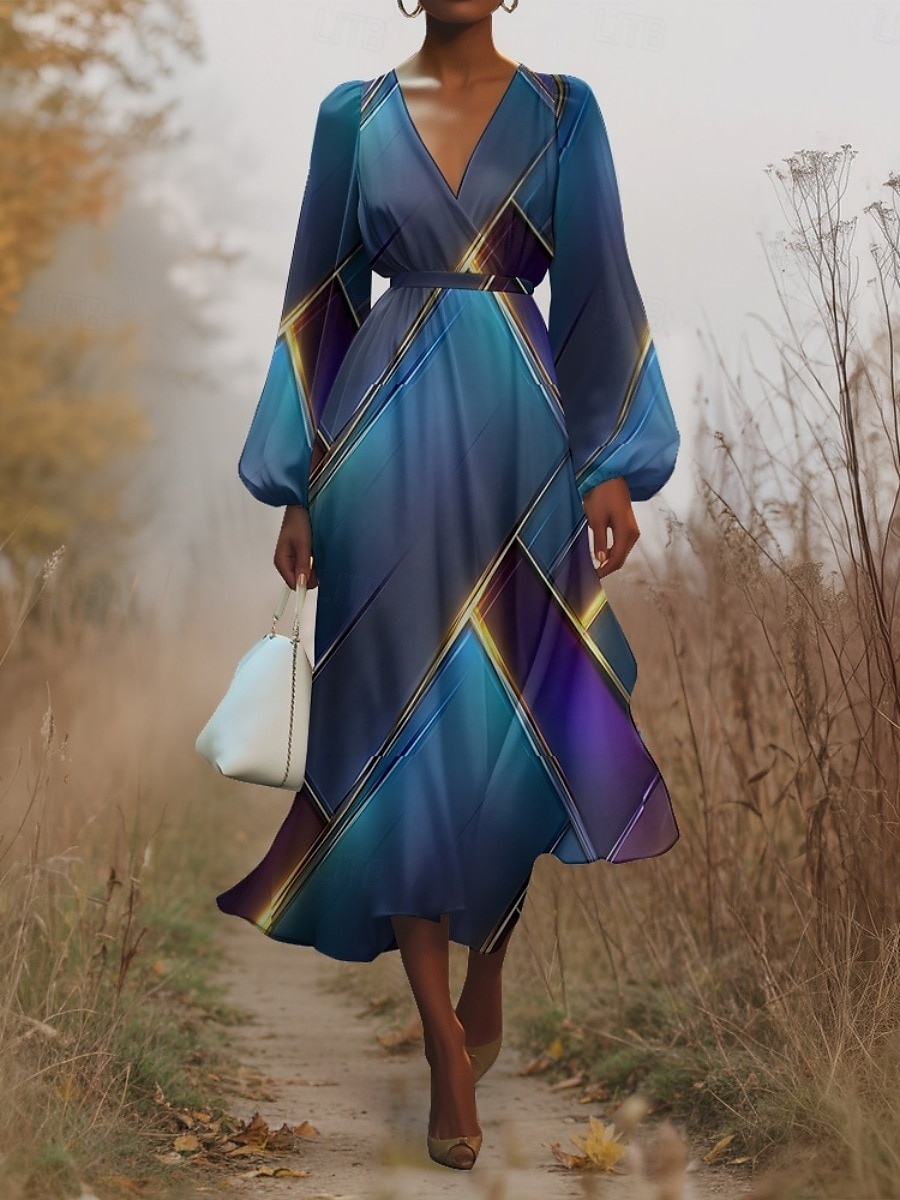 Damen Midikleid Freizeitkleid Chiffon Schwingkleid Modern Urlaub Täglich Wochenende Normale Passform Geometrisch Langarm V Ausschnitt Blau Dunkelgrün Purpur Grün Sommer Frühling Herbst 2025 - $31.99 –P13