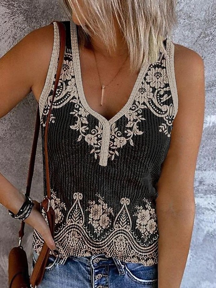 Per donna Canotta a canotta Grafico Blocco di colori Bohemien Elegante Retrò Vintage Senza Maniche Senza maniche Scollo a V Top corti Quotidiano Uscire Abbigliamento mare Stampato Nero Rosa Blu del 2025 a $17.99 –P2