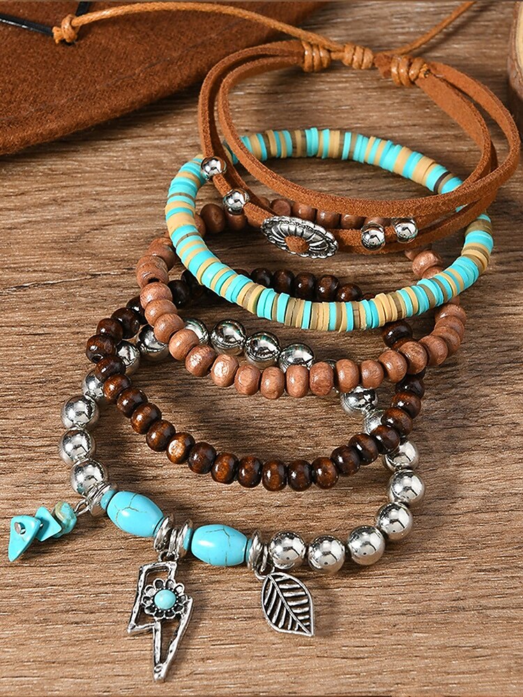 Set di braccialetti con ciondoli a strati con perline boho da donna: bracciali in legno, turchese e pelle scamosciata in stile vintage con ciondoli a forma di foglia e geometrici, ideali per abbigliamento casual, festival e vacanze al mare del 2025 a $9.99 –P6