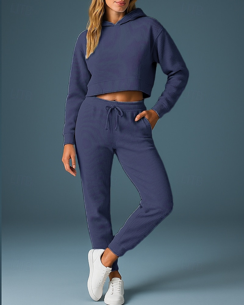 Femmes Ensemble Survetement Jogging Pantalon Sweat-shirt à enfiler Cordon de serrage À capuche Couleur Unie Ensemble Vêtements Printemps Gris foncé Noir Salle de sport Extérieur Course Taille haute de 2025 ? $39.99 –P4