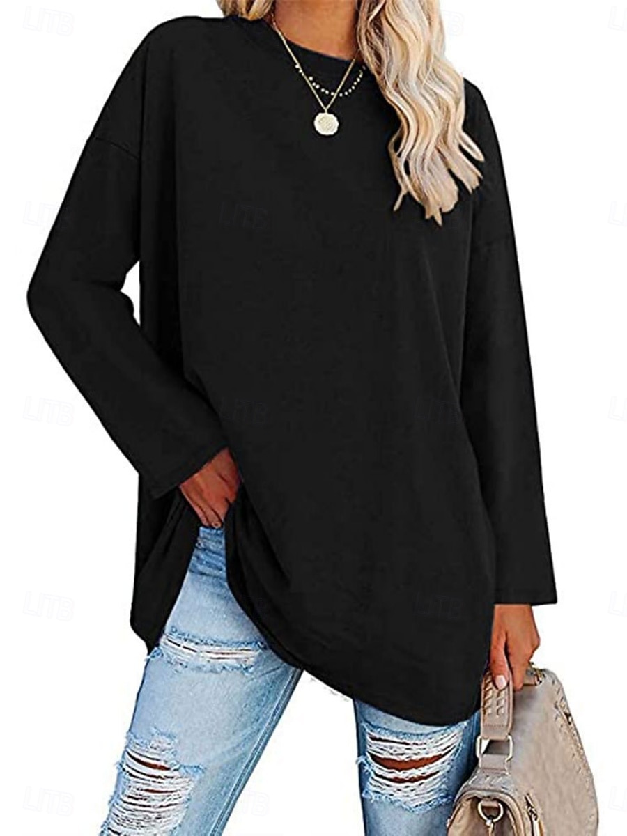 Camicia da donna in 100% cotone blouse colore solido stilosa casual maniche lunghe colletto rotondo regolari top quotidiano nero bianco giallo rosa primavera autunno pre-autunno del 2026 a $24.99 –P5