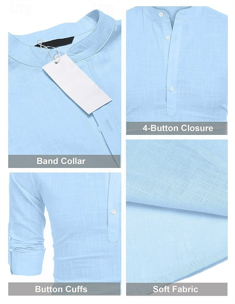 Homens Camisa de linho Camisa de colarinho de banda Camisa Popover camisa de verão Roupa de Praia Camisa casual Tecido Férias Casual Laranja + azul Rosa + Azul Marinho Branco + preto Rosa + azul de 2025 por $27.99 –P4