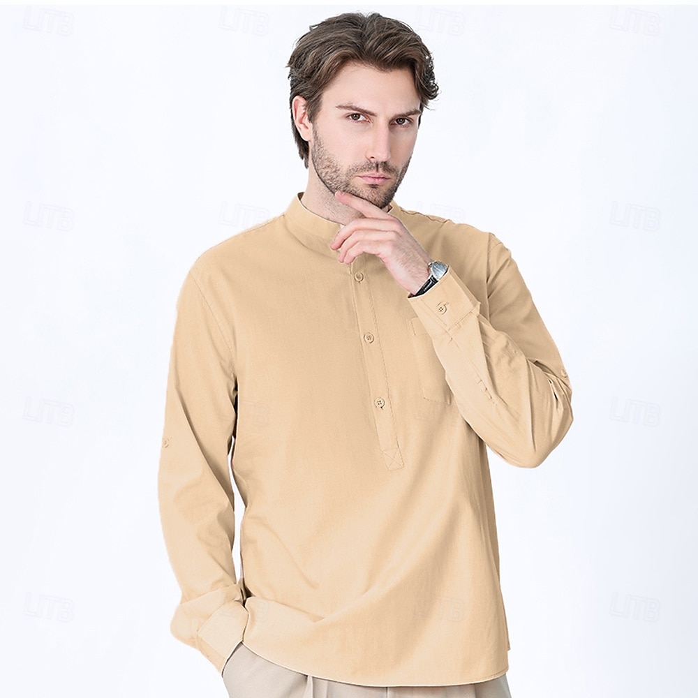 Voor heren Overhemd Zwart Wit Geel Rood Donker Marine Lange mouw Effen opa kraag School Formeel Kleding minimalistische 2025 - $23.99 –P12