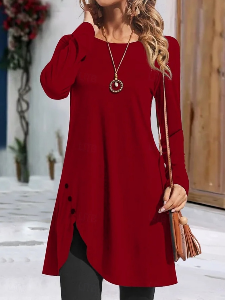 Femmes Mini Robe Robe T-Shirt Occasionnel Quotidien Coupe régulière Uni manche longue Col ras du cou Noir Rouge Vert Gris Printemps Automne de 2025 ? $23.99 –P1