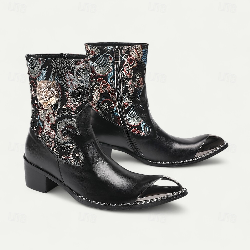 Bottes de motard western noires en cuir de vachette pour hommes avec broderie florale et bout en métal, style cowboy rétro pour la conduite à moto, les événements country et la mode festival de 2025 ? $139.99 –P1