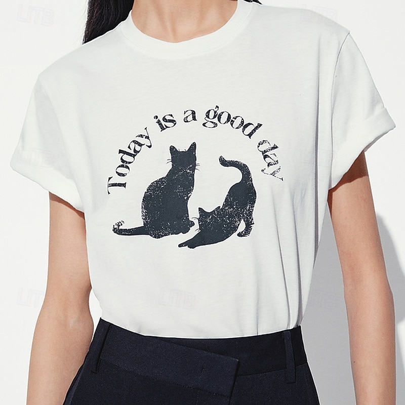 Maglietta da donna in 100% cotone con stampa di animali, gatti e lettere, elegante, basic, moderna, a maniche corte, girocollo, regular, per tutti i giorni, sportiva, per uscire, nera e bianca, del 2025 a $31.99 –P2