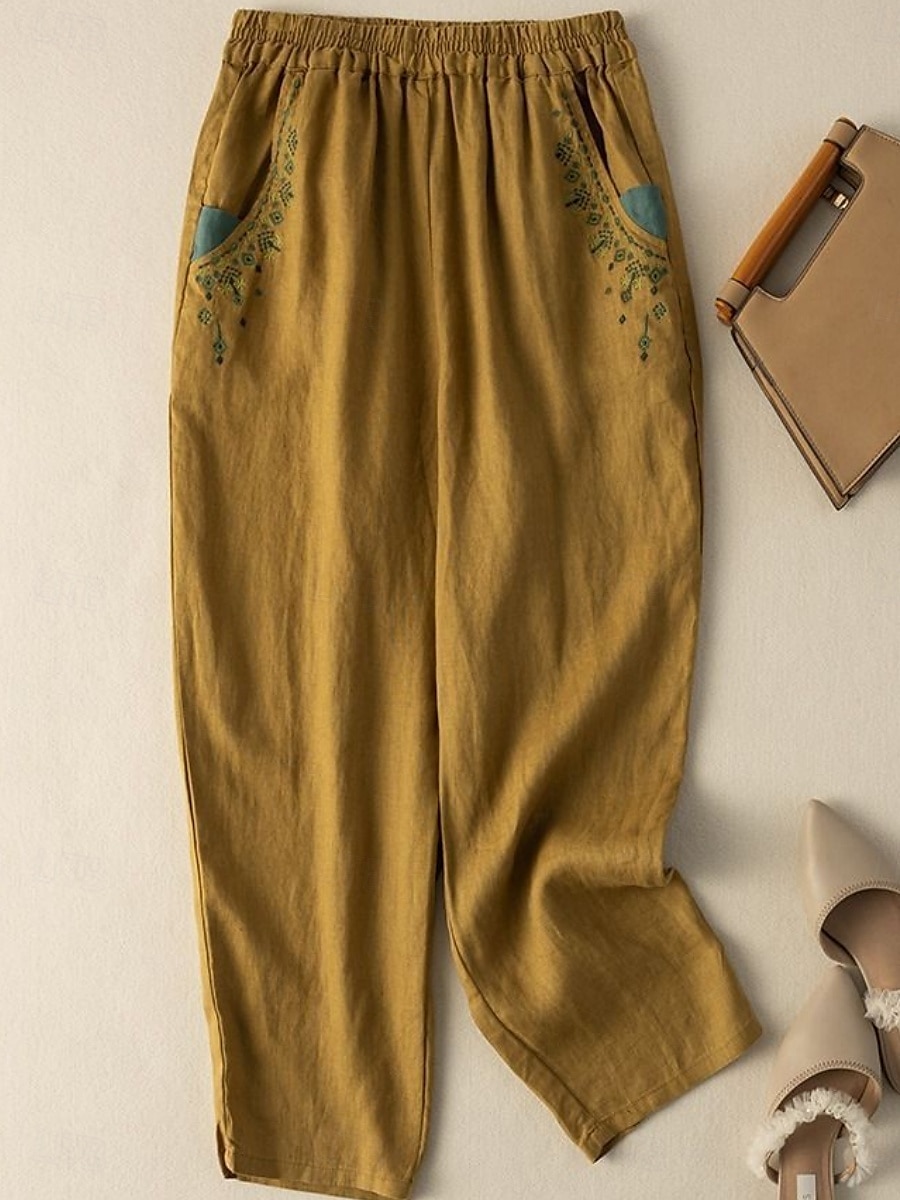 Mujer Pantalones de lino y algodón Chinos Moda Básico Longitud total Alta cintura Floral Bordado Comodidad Al Aire Libre Microelástico Vacaciones Calle Diario Blanco Amarillo Albaricoque Café Verano 2025 - $18.99 –P13