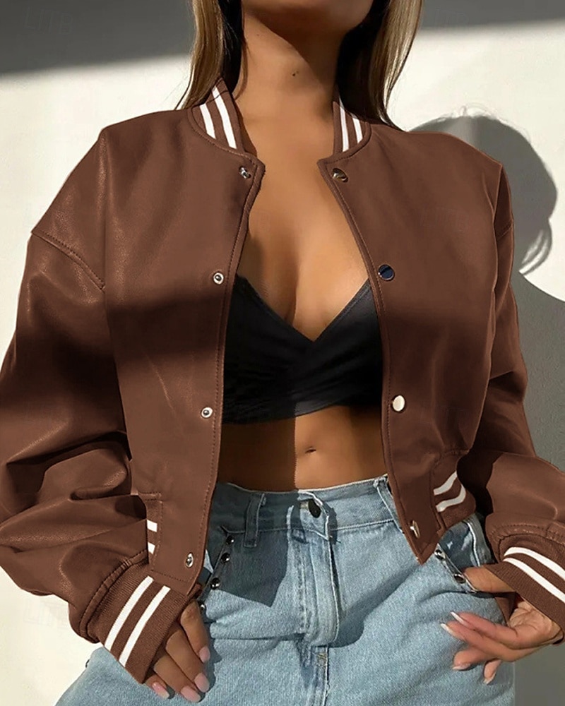 Per donna Giacca in Ecopelle Giacca Casual Confortevole Bottoni Moda Moderno All'aperto Semplice Uscire Casual Quotidiano Weekend Monopetto Corto Collo alla coreana Vestibilità regolare Manica Lunga del 2025 a $27.99 –P4