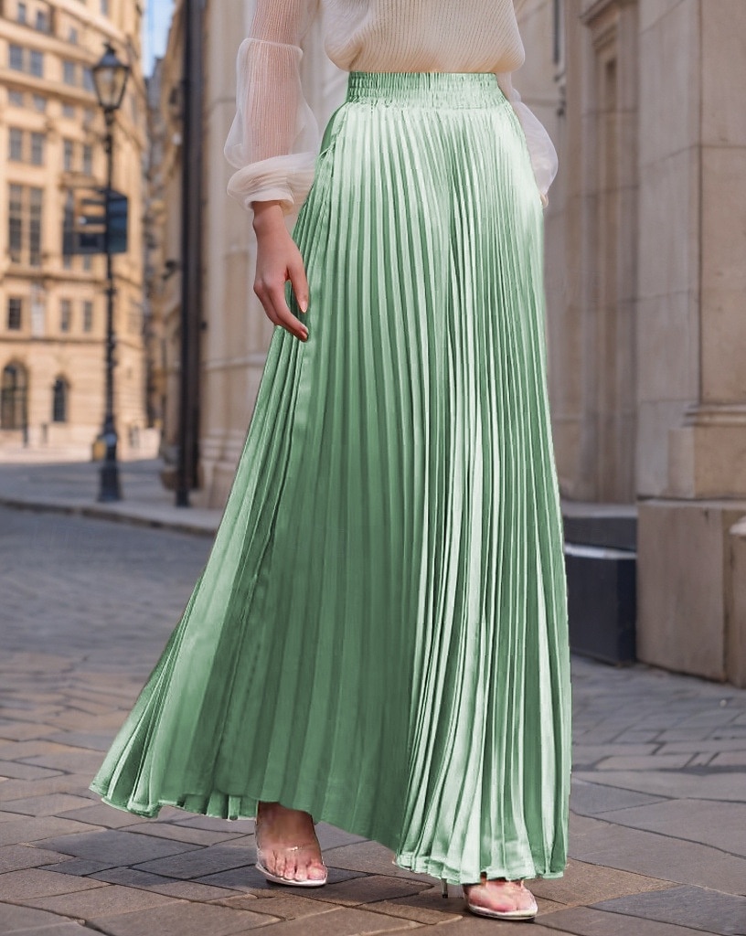 Pentru femei Fustă Fusta lunga Modă Lung Maxi Talie Înaltă Fuste Mată Zdrobit Plisată Sidefat Micro-elastic Zilnic Concediu Măr Verde Caisă Roșu Vin Roz mov Primăvară, toamnă, iarnă, vară Poliester 2025 - $19.99 –P4