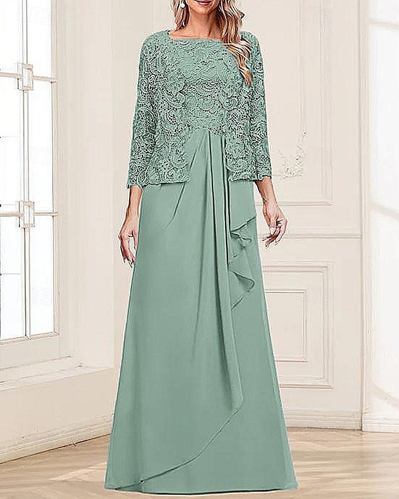 Tweedelig A-lijn Moeder van de bruid jurk Elegant Eenvoudig minimalistische Vierkante hals Tot de grond Chiffon Geribd kant Mouwloos 3/4 mouw met Plooien Ruches Gelaagde ruches 2025 2025 - $135.99 –P6