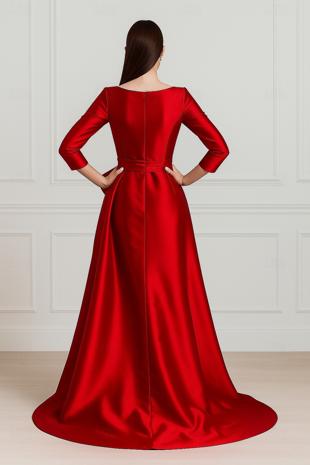 rot-schwarzes A-Linien-Abendkleid, elegantes Kleid, formelle Hochzeit, bodenlang, 3/4-Ärmel, Rundhalsausschnitt, Stretch-Satin mit Falten, 2025 2025 - $139.99 –P2