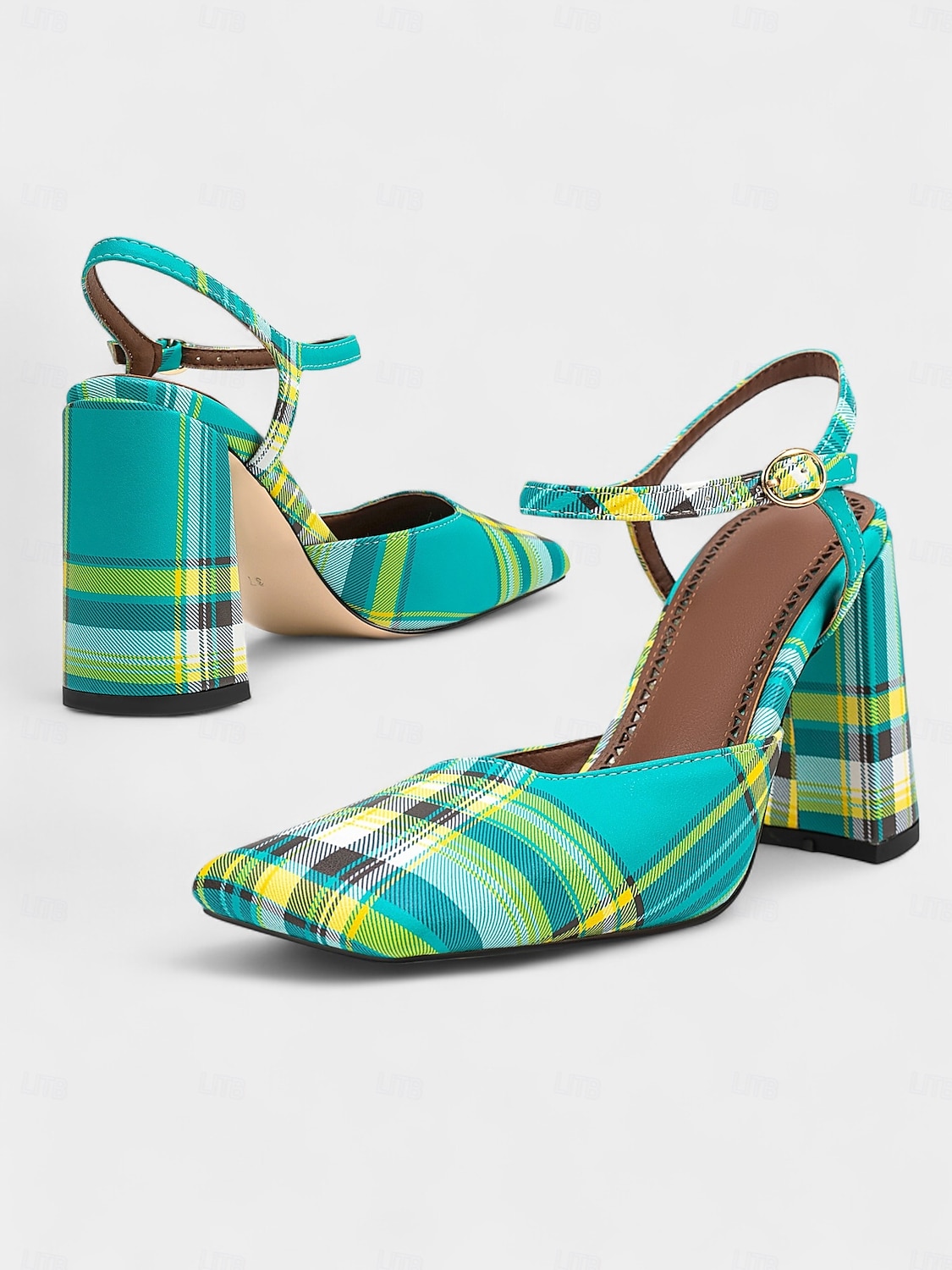 Women's Purple Plaid Block Heel Pumps –1970s Retro Square Toe High Heels with Ankle Strap for Daily Wear, Office & Vintage Outfits 2025 - $79.99 –P3