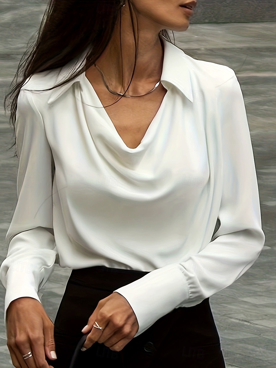 Women's Shirt Solid Color Plain Elegant Vintage Tropical Long Sleeve Cowl Neck Shirt Collar Regular Tops Work Daily Semi Formal Ruched Black White Dusty Rose Blue Summer Spring 2025 - $23.99 –P5