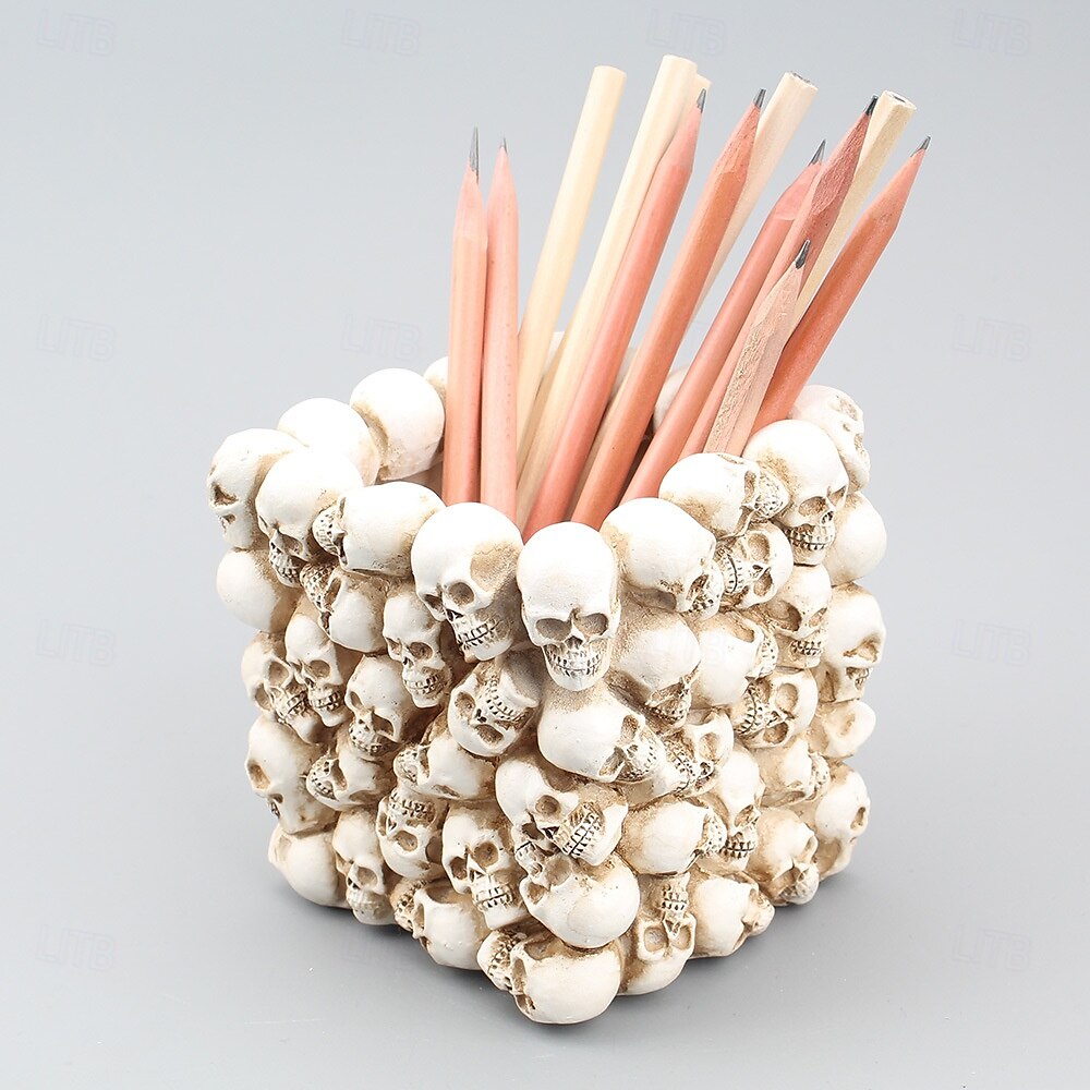Halloween Skull Ornament Square Skeleton Head Pen Holder Desktop Organizer Resin Mini Flower Pot Gothic Style Decorative Home Accessory for Office or Study Desk Display 2025 - $19.49 –P1