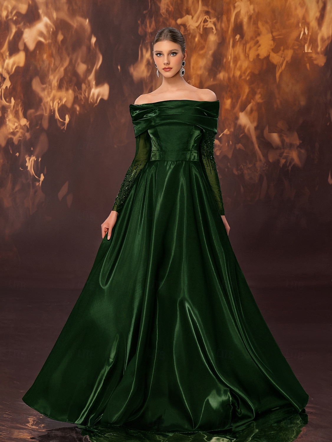 Rochie neagră de seară, linie A, elegantă, rochie formală de mireasă, lungime la podea, fără mâneci, umerii goi, satin elastic cu pliuri, dantelă și mărgele, 2025 2025 - $149.99 –P7