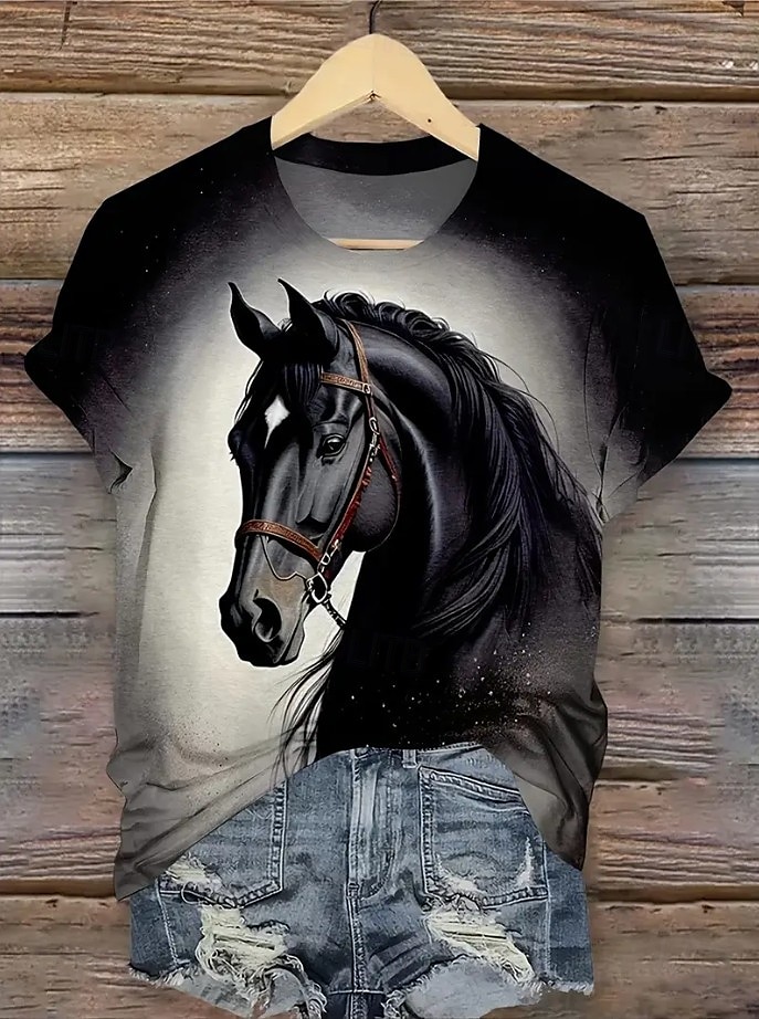 Femmes T-shirt Graphique Animal Cheval ancien Élégant Classique Manche Courte Col ras du cou Col rond Hauts Réguliers Quotidien Week-end Imprimé Noir Blanche Bleu Bleu Poudré Été Printemps de 2025 ? $19.99 –P6