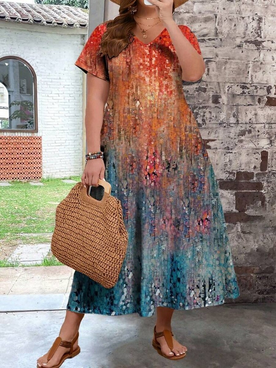 Damen Übergröße Freizeitkleid Ombre V Ausschnitt Kurzarm Sommer Frühling Mode Modern Lässig Maxikleid Ferien Wochenende Kleid 2025 - $28.99 –P3